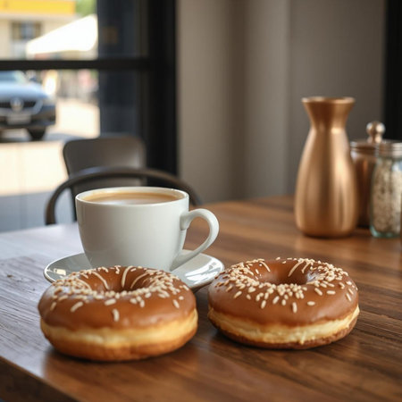 Cup of coffee and donuts on wooden table in coffee shopの素材