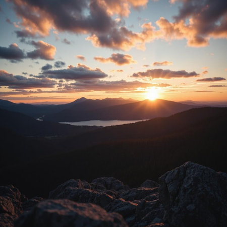 Beautiful sunset in the mountains. Landscape with mountains and lake.の素材