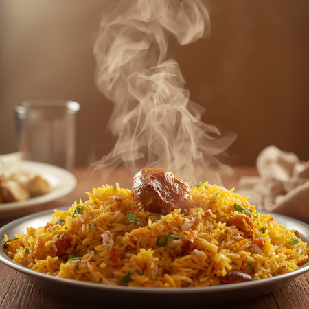 Traditional pilaf with chicken and spices on a plate, selective focusの素材