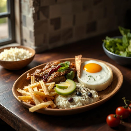 Tasty breakfast with fried egg, scrambled eggs and vegetables on wooden tableの素材