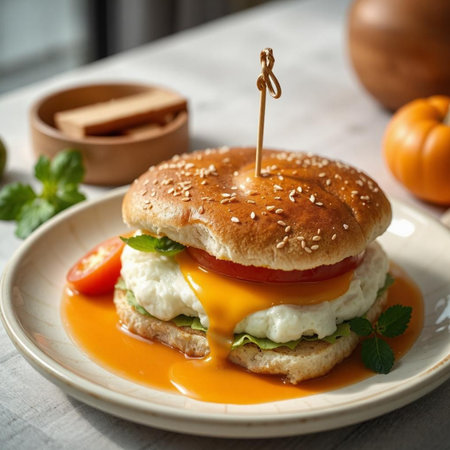 Hamburger with poached egg, cheese, tomatoes and basilの素材