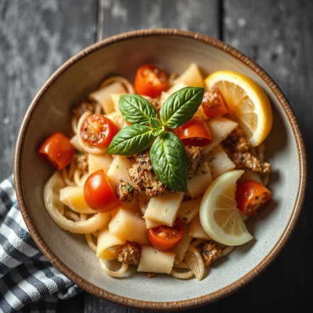 Pasta with meat, tomato and basil in bowl on wooden tableの素材
