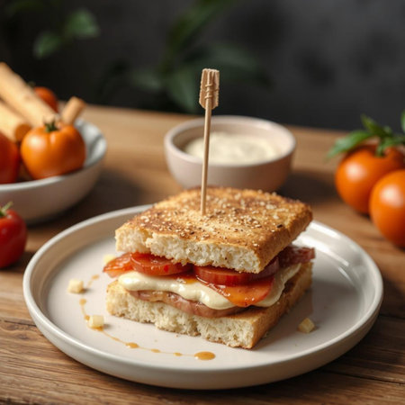 Tasty sandwich with bacon and cheese on wooden table, closeupの素材