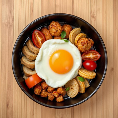 Bowl of fried eggs with vegetables on wooden background, top viewの素材