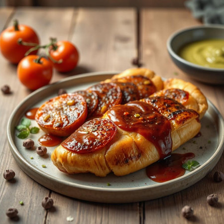 Sausage bread with tomato sauce and mayonnaise on wooden backgroundの素材