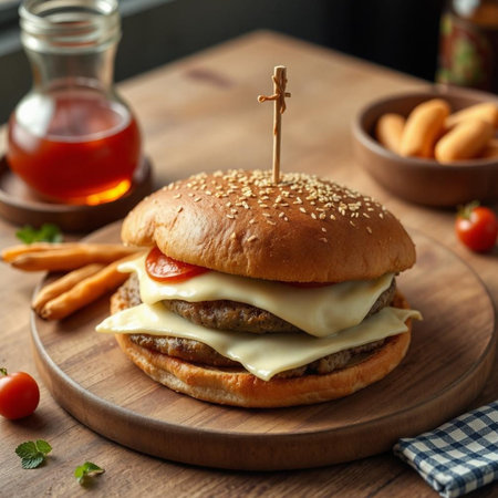 Homemade hamburger with cheese, tomatoes and ketchup on wooden boardの素材
