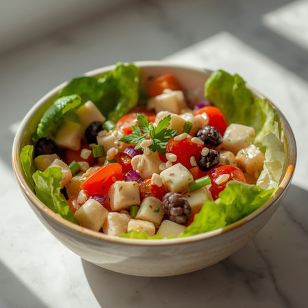 Greek salad with feta cheese, cherry tomatoes, olives and herbsの素材