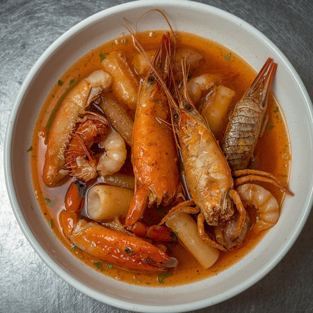 Seafood soup with shrimps, prawns and squidの素材