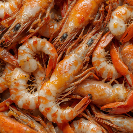 Seafood background. Close up of shrimps. Top view.の素材
