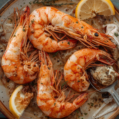 Boiled shrimps with lemon and herbs in a plate. Top viewの素材