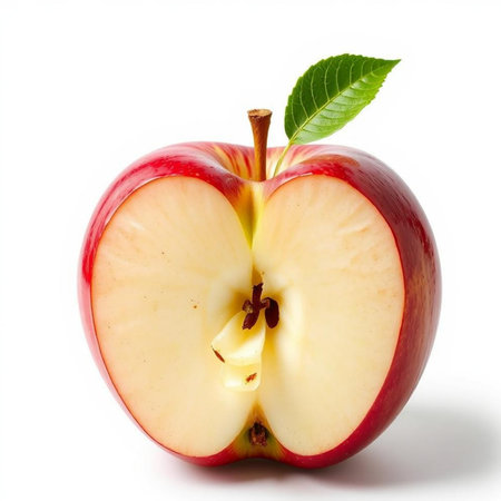 Red apple with green leaf isolated on white background. Close up.の素材