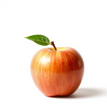 Red apple with green leaf isolated on white background. Close up.の素材