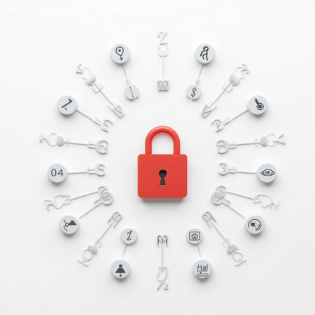 Conceptual image of a lock surrounded by security icons on white backgroundの素材