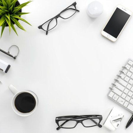 White office desk table with computer, supplies and coffee cup. Top view with copy space, flat layの素材