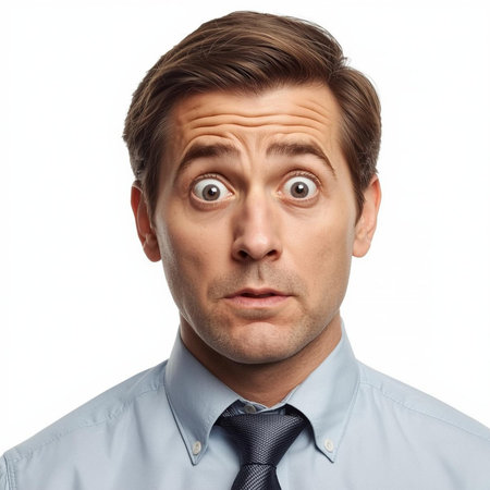 Portrait of a shocked young man looking at camera isolated on white backgroundの素材