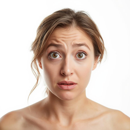 Portrait of a young woman with a surprised expression on her faceの素材