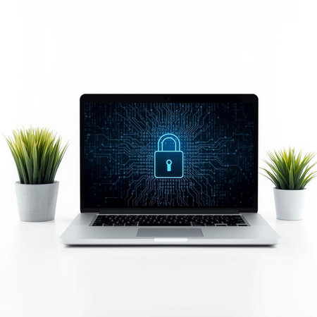 Laptop screen with security concept on white background. 3d rendering.の素材