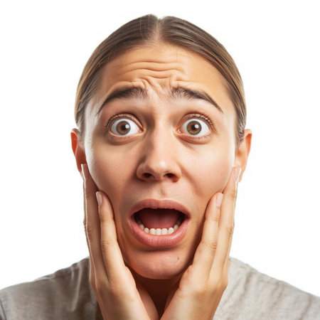 Close up portrait of a shocked young woman, isolated on white backgroundの素材