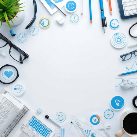 Top view of modern white office desk with copy space. Workplace with various office supplies and gadgets. Flat layの素材