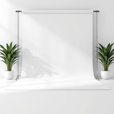 Interior of modern studio with white walls, concrete floor, white curtains and plants. 3d rendering mock upの素材