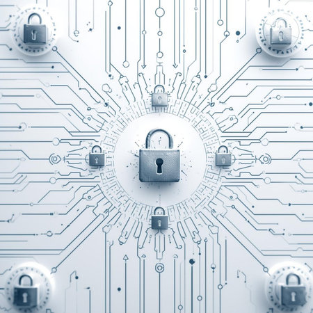 Cyber security concept with circuit board and padlock. 3D Renderingの素材