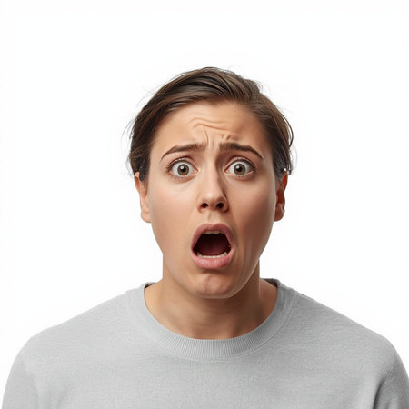 Portrait of a shocked young woman looking at camera isolated on white backgroundの素材