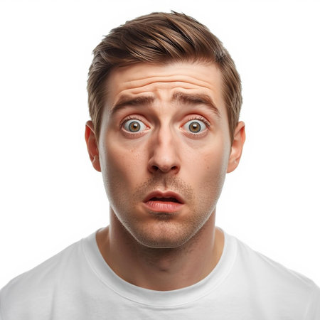 Close up portrait of young man with shocked facial expression isolated on white backgroundの素材