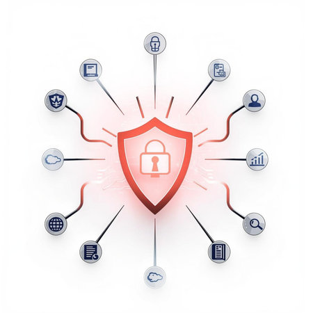 Internet security concept. Shield and icons on white background. 3d illustrationの素材