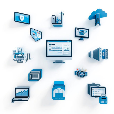 Cloud computing concept. Computer monitor with icons on white background. 3D illustrationの素材