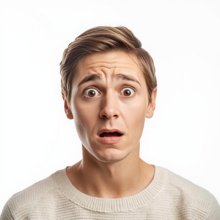 Portrait of a surprised young man isolated on a white background.の素材