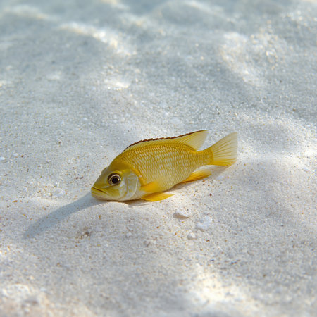 Yellow fish on the white sand of the Caribbean sea, Bahamas.の素材