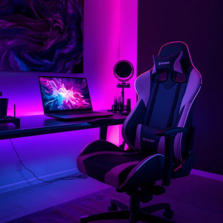 Futuristic gamer workspace with gaming chair and computer. 3d renderingの素材