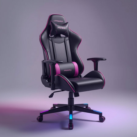 Black leather office chair. 3d render on a purple background.の素材