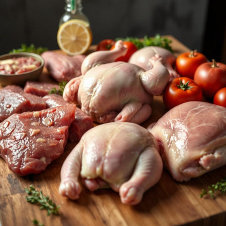 Raw chicken legs on a wooden cutting board with ingredients for cooking.の素材