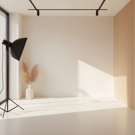 Interior of modern bright room with white walls, concrete floor, white ceiling and black lamp. 3d renderingの素材