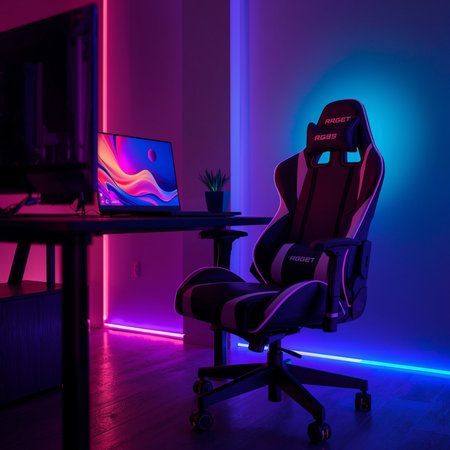 Workplace in a modern office with a chair, a computer and a lampの素材