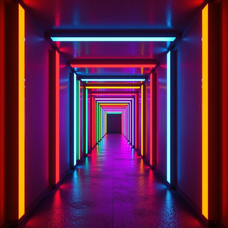 3d render of a corridor with colorful neon lights in the nightの素材