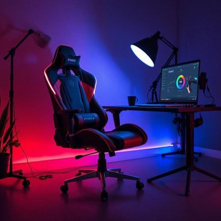 Photo studio with professional equipment and lighting equipment. Workplace with computer.の素材