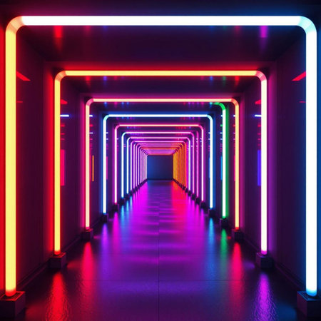 3d render, abstract background, neon light tunnel, illuminated corridorの素材