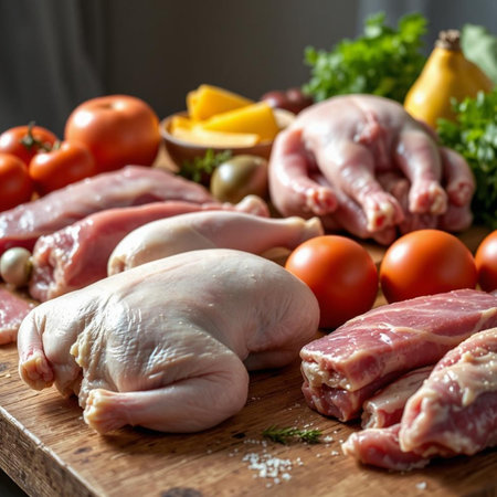 Fresh raw chicken meat on wooden cutting board with vegetables and spices.の素材
