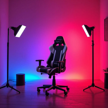 Mannequin sitting in a chair in a photo studio with lighting equipmentの素材