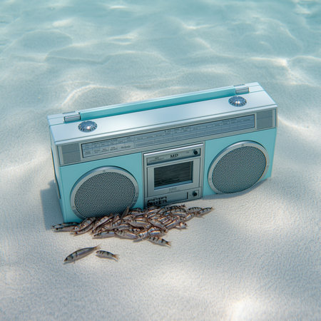 Radio on the sandy beach with fish in the water. 3d renderの素材
