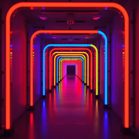 Futuristic corridor with colorful neon lights. 3D rendering.の素材