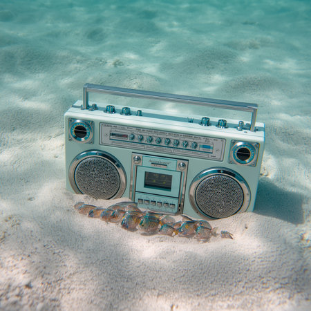 Old boombox in the sand on the seabed of the seaの素材
