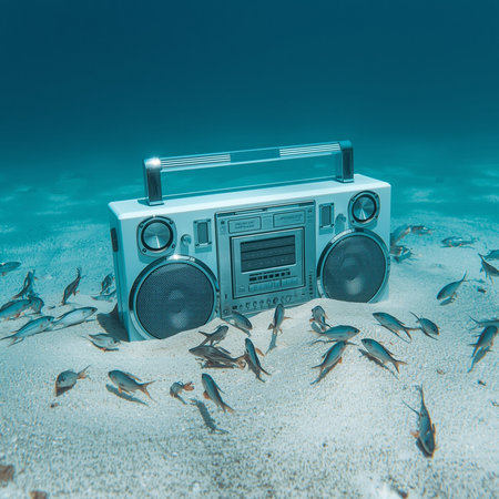 Old radio on the sand in the ocean. 3d illustration.の素材