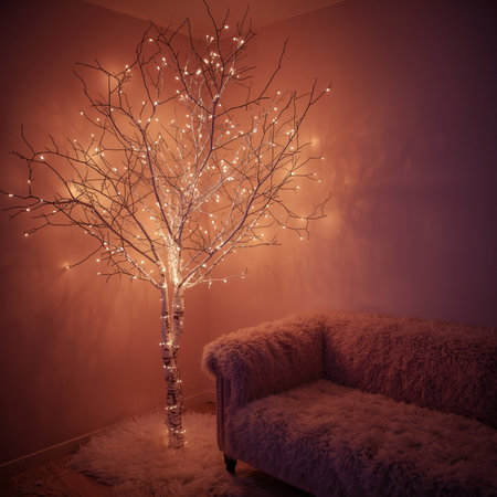 Christmas tree in living room with bokeh lights on the wallの素材