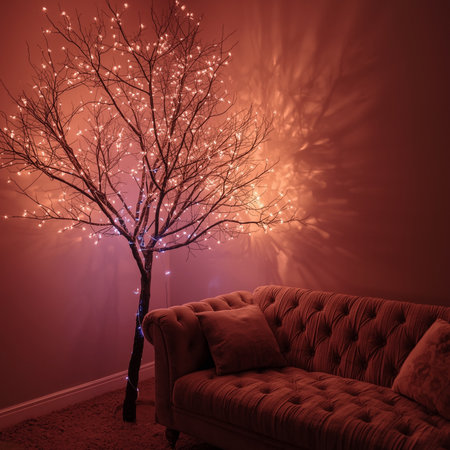 Luxury interior design with a sofa and a Christmas tree.の素材