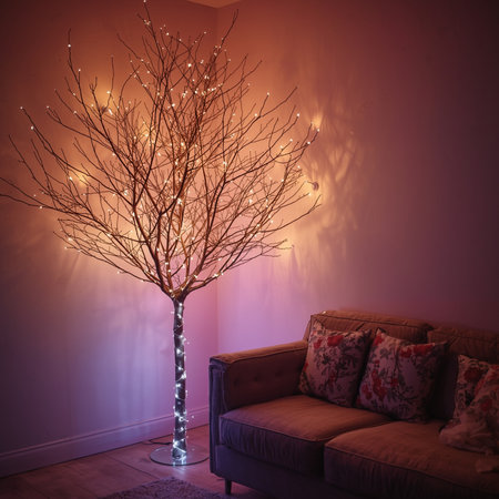 Interior of living room with christmas tree, sofa and lampの素材