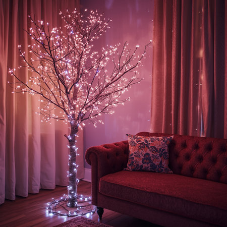 Christmas tree with lights in the living room. 3D rendering.の素材
