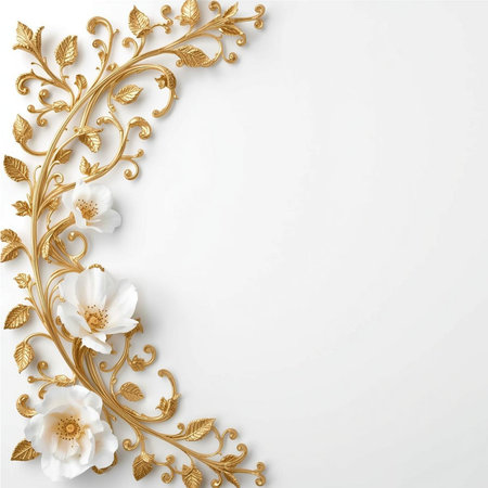 Elegant floral background with white flowers and gold elements. Vector illustration.の素材